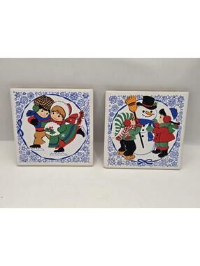 Pair Vintage JASCO Taiwan Christmas XMAS Snowman Holiday Ceramic Trivet Coaster